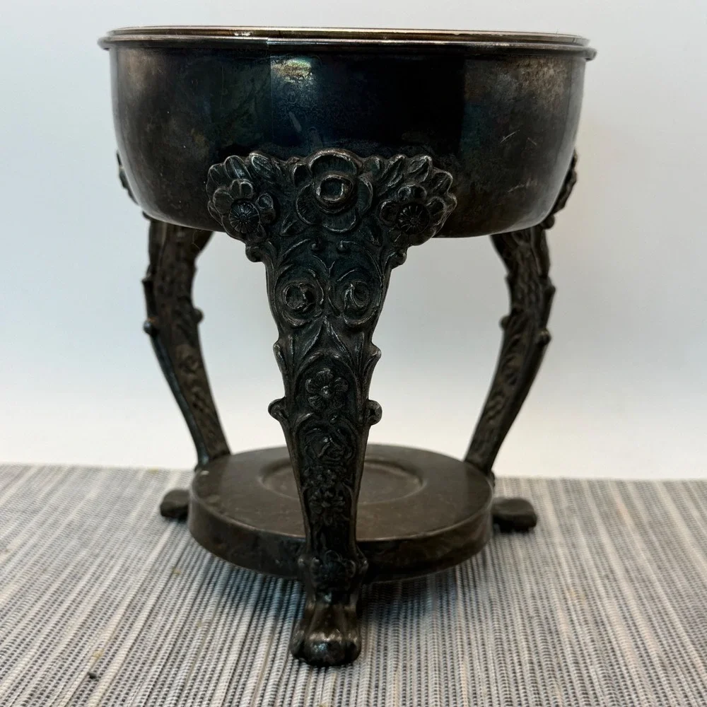 English Silver Mfg Corp Ornate Floral Silver Plate Warming Stand with Dish 6in